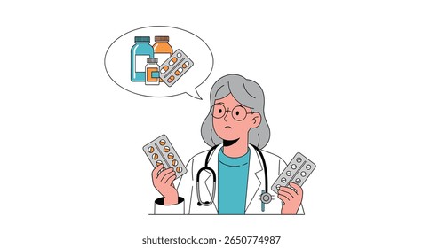 Médico confuso segurando pílulas e pensando sobre as opções de medicação para o tratamento do paciente