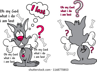 Confused dog has a big bone with around question marks and texts. Vector illustration.