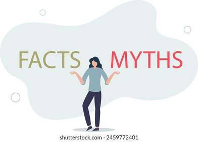 confused and doubtful businesswoman thinking with curiosity compare between facts or myths.flat vector illustration.