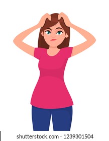 Confused and doubtful young woman scratching her head. Oops, question, doubt and decision making concept illustration in vector cartoon flat style. Human facial expressions, emotions, feelings, signs.