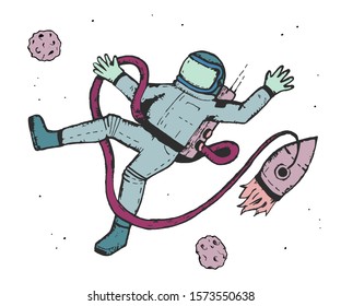 Confused drifting astronaut with a rope leading to a rocket in space. 
Lack of support, loneliness or weightlessness concept. Colored hand-drawn vector isolated illustration on white background.