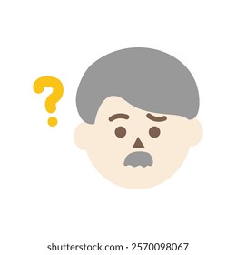 Confused elder man head with question mark. Facial expression, feeling, trouble, solution concepts. Flat character vector design isolated illustration.