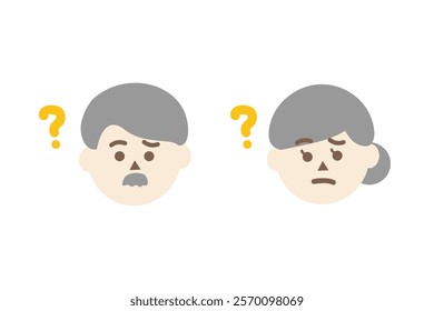 Confused elder man and woman head with question mark. Facial expression, feeling, trouble, solution concepts. Flat people character vector design isolated illustration.