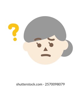 Confused elder woman head with question mark. Facial expression, feeling, trouble, solution concepts. Flat character vector design isolated illustration.