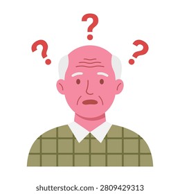A confused elderly man with a puzzled expression and question marks above his head representing uncertainty, forgetfulness, lack of knowledge, or dementia issues.