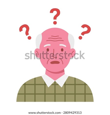 A confused elderly man with a puzzled expression and question marks above his head representing uncertainty, forgetfulness, lack of knowledge, or dementia issues.