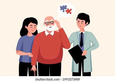 Confused elderly man suffering from alzheimer disease his relative and doctor flat vector illustration