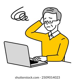 Verwirrter älterer Mann, der an einem Laptop arbeitet