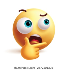 Confused emoji 3d clipart character. Emoji thinking hand gesture, frown, serious, curious, confused and wondering facial expression. Vector illustration confused emoticon clip art. 
