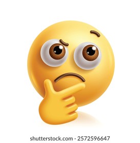 Confused emoji clipart 3d character. Thinking emoji face with hand gesture, serious, frown, curious, wondering and doubt facial expression yellow graphic element. Vector illustration confused emoticon