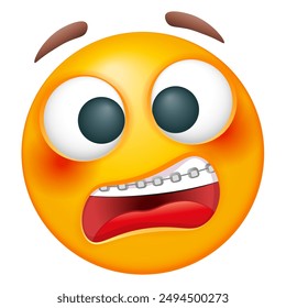 Confused emoji with dental teeth braces. Emoticon on white background. Cute emoticon