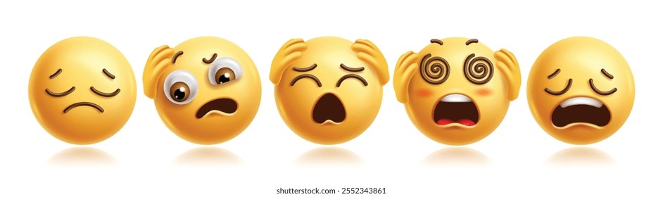 Conjunto de personajes de Clipart de emojis confundidos. Personaje emoji 3d deprimido en expresión facial cansada, mareada, estresada, sin sentimiento, triste, agotada y agotada. Ilustración vectorial confundida de emoticonos Clip arte.  