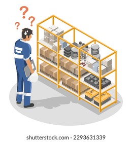 Confused employees with bad management in Storeroom and Tool Crib industrial manufacturing worker working concept illustration isometric isolated vector