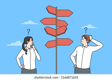 Confused Employees Standing Near Direction Sign Frustrated Making Decision Together. Colleagues Unsure About Financial Decision Thinking And Brainstorming. Dilemma. Vector Illustration. 