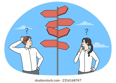 Confused employees standing near direction sign frustrated making decision together. Colleagues unsure about financial decision thinking and brainstorming. Dilemma. Vector illustration.