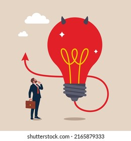 Confused entrepreneur looking at devil lightbulb doubting it bad idea. Bad idea cause problem and failure, poor idea or stupid mistake, disappointment from rejected, evil and negative opinion.