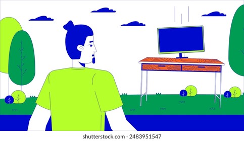 Confused european man looking at computer desk appearing in park cartoon flat illustration. Doubted male 2D lineart character isolated on white background. Surreal situation scene vector color image