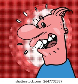 homem confuso e animado, ilustração de vetor estilo cartoon com fundo de ponto de meio-tom, imagem composta.