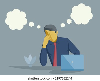 Confused executive with two thought bubbles with copy space 