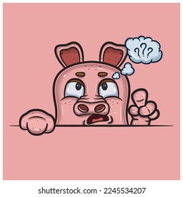 Confused Face Expression With Pig Cartoon. Vector and Illustration