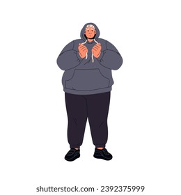 Confused fat man in plus size clothes. Shy chunky character, ashamed chubby guy. Sad curvy person with heavy body. Self acceptance problems. Flat isolated vector illustration on white background