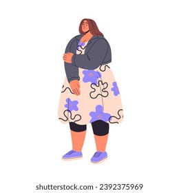 Confused fat woman ashamed about overweight. Plus size girl in casual dress. Shy chubby, plump character. Self acceptance problem, body positive. Flat isolated vector illustration on white background