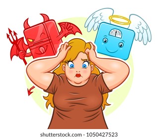 Confused fat woman, demonic fridge and angel weight scales.