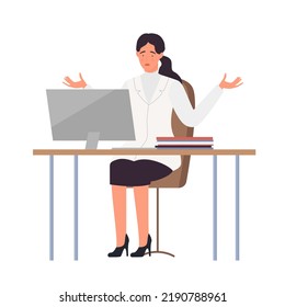 Confused female doctor at office. Worried medical worker, hospital room vector illustration