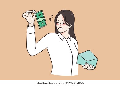 Confused Female Employee Shocked By Small Salary In Envelope. Frustrated Unhappy Woman Worker Surprised By Wage Amount. Finance Problems Concept. Flat Vector Illustration. 