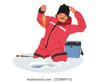 Confused fisherman cartoon character feeling discouraged and surprise caught little fish during winter fishing activity on frozen lake vector illustration. Seasonal fishery hobby and sport motivation