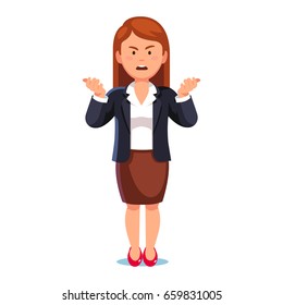 Confused & frowned business woman or boss standing shrugging shoulders complaining expressing anger and frustration yelling gesturing with her hands. Flat style vector illustration on white background