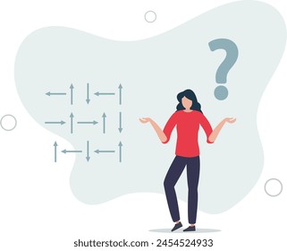 confused frustrated businesswoman look at direction arrows with question marks.flat vector illustration.