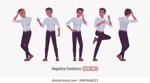 Joven guapo frustrado confuso puso pose. Malestar fracasado enojado hombre de negocios profesional de piel oscura líder incipiente, empresario, propietario de proyecto corporativo, ropa formal, camisa. Ilustración vectorial