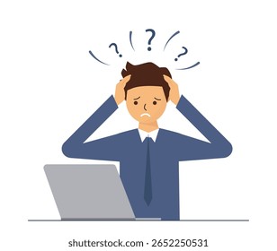Confused and frustrated man working on laptop, stress and problem solving concepts