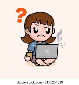 Confused Funny Girl Looking At Broken Laptop. Computer Repair Srvice Concept. 