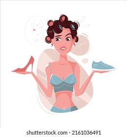 Confused girl chooses what shoes to wear vector illustration. Sneakers or high heels. A cute girl solves a difficult problem.