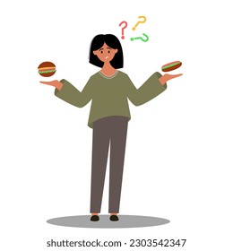 Confused girl choosing food between burger and hot dog illustration character.
