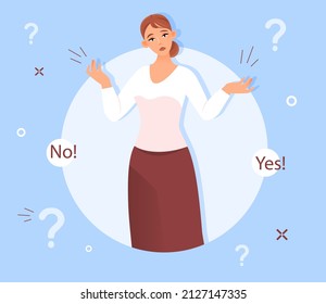 Confused girl concept. Young girl chooses one of two paths. Decision, evaluation of options, thoughtful and pencive character. Problems at work, surprise, brainstorm. Cartoon flat vector illustration