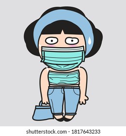 Confused Girl With Face Mask Wearing Face Mask Shaped Tops Concept Card Character illustration