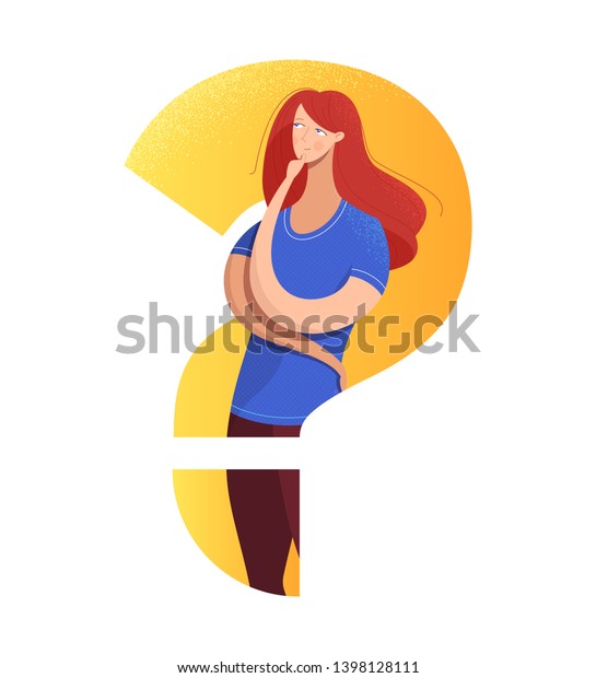 Confused girl flat vector illustration. Cartoon\
woman in question mark silhouette isolates character. Frustrated\
teenager making decision. Vulnerable lady in doubt with hand on\
chin gesture
