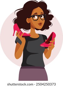 
Verwirrte Mädchen, die High Heels Vektor Cartoon Illustration. Unhappy Girl wird bei der Wahl Schuhe verwirrt 
