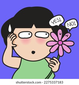 Confused Girl Holding And Picking Yes No Flower Petals. Loves Me, Loves Me Not Concept Card Character illustration