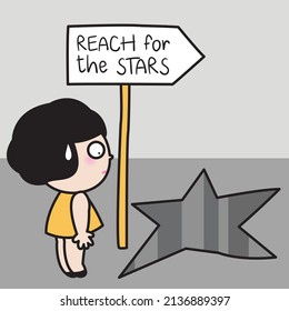Confused Girl Looking At Star Hole After Following Reach For The Stars Direction Sign Board Concept Card Character illustration