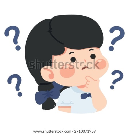 Confused girl pausing to think with question marks above her head, expressing doubt, curiosity, and problem-solving. Ideal for education, decision-making, and learning concepts.