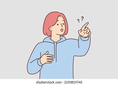 Confused Girl Point At Something Feeling Shocked And Stunned. Frustrated Teenager Show Direction. Vector Illustration. 