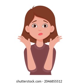 Confused Girl Portrait. Young Woman Making Shrug Expression Perplexity. Vector Illustration Isolated On White