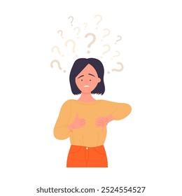 Confused girl with question marks above head showing thumbs up and down vector illustration