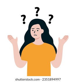 Confused Girl with question marks. Solving Problem, Challenge concepts. Flat vector design illustration isolated on white background.