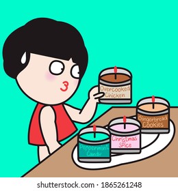 Confused Girl Reacts To The Food-Scented Candles That Smell Exactly Like Yummy Food And Good Enough To Eat Concept Card Character illustration