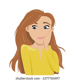 Confused girl with red hair. Embarrassment. Shyness.
 Flat vector illustration.